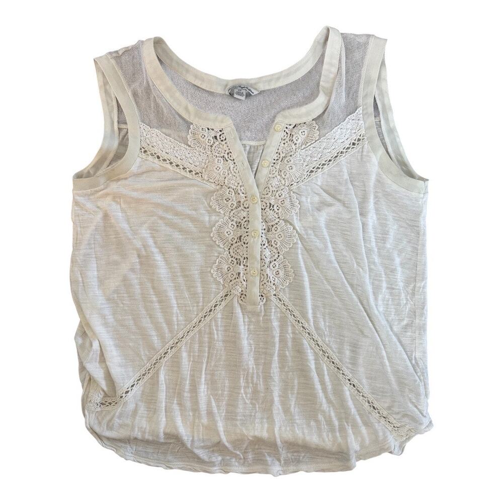 American Eagle Outfitters Cream Sleeveless Tee with Mesh & Lace Trim Size Small